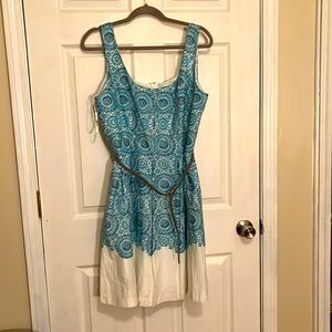 Nine West Blue & White Pattern Dress w/Gray Belt (14)